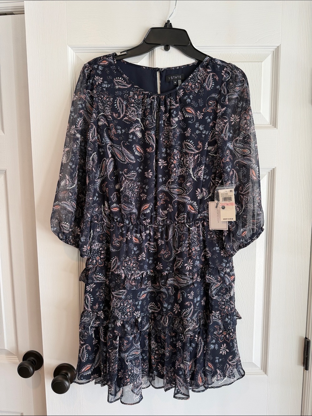 1. State Navy Paisley Ruffle Tiered Mini Dress with Pink and Cream Accents